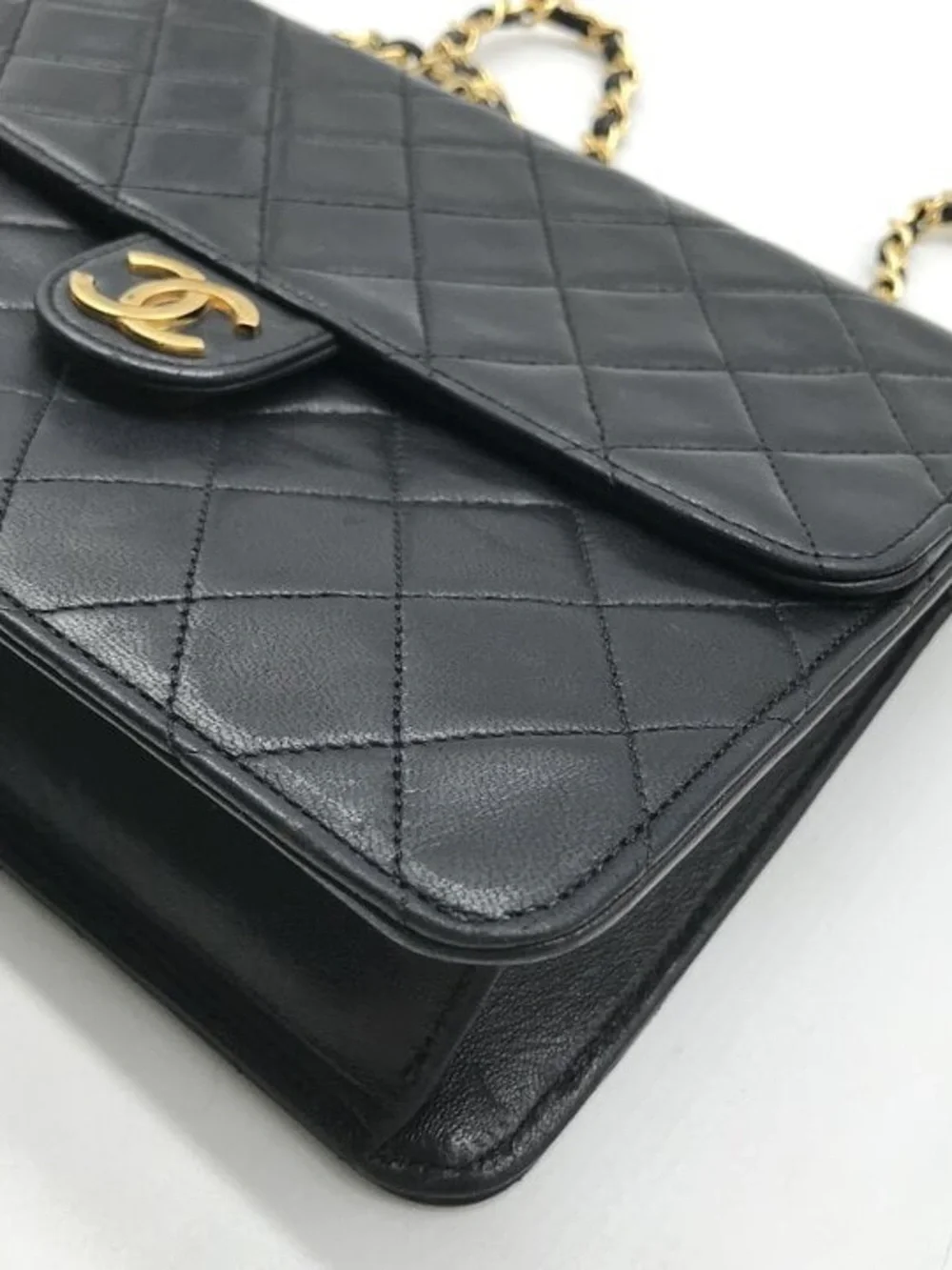 Authentic Chanel black lambskin leather single flap vintage bag